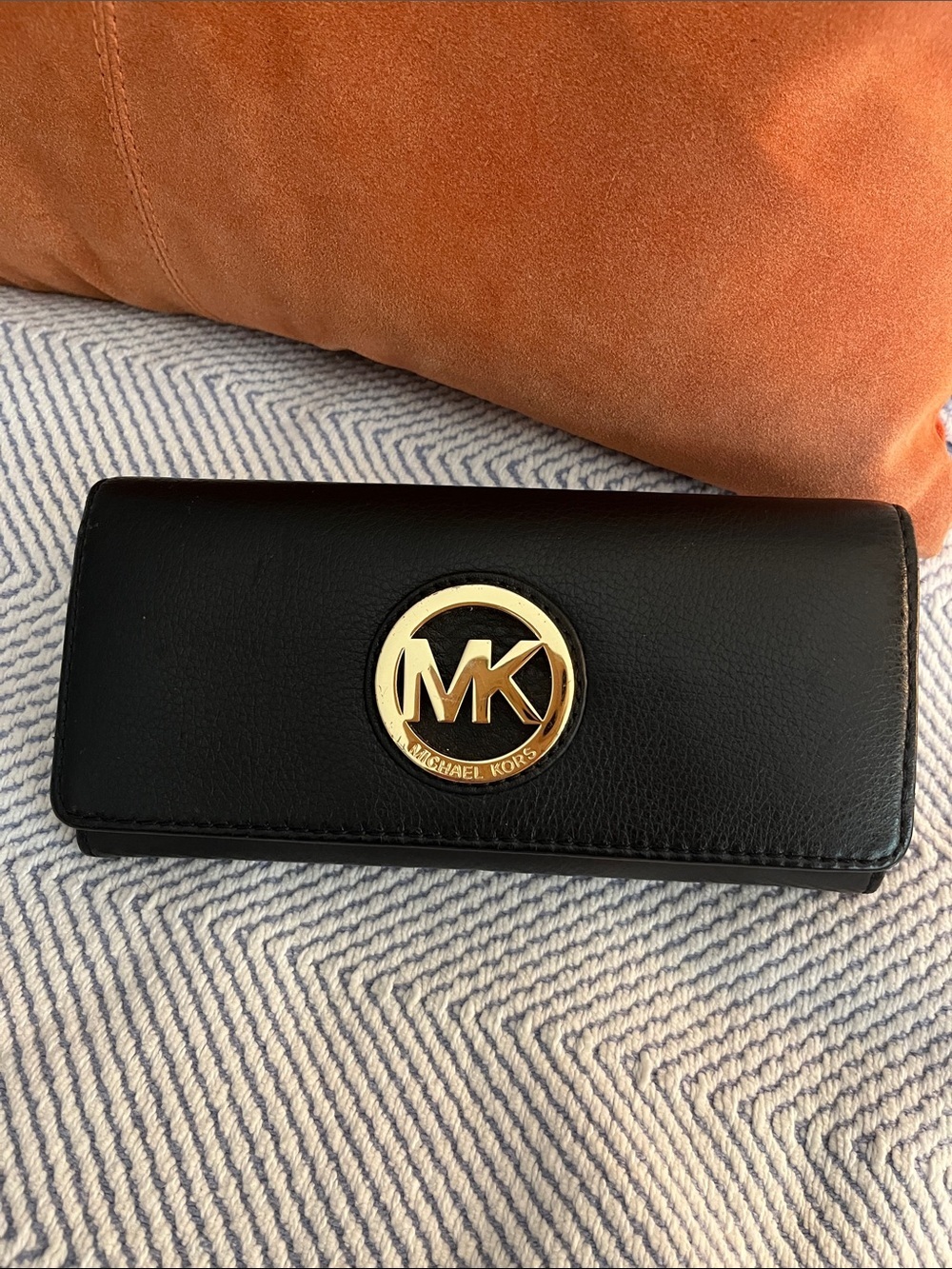 Michael Kors Black Leather Long Wallet with Gold MK Emblem